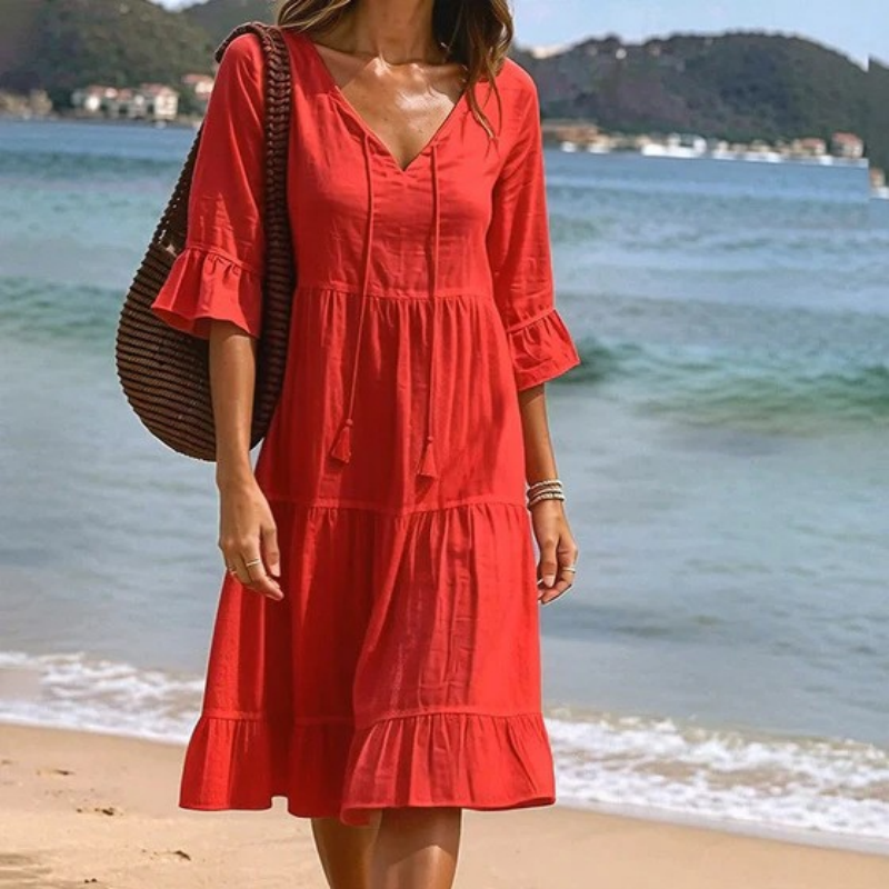 Flared Half Sleeve Tie Waist Dress
