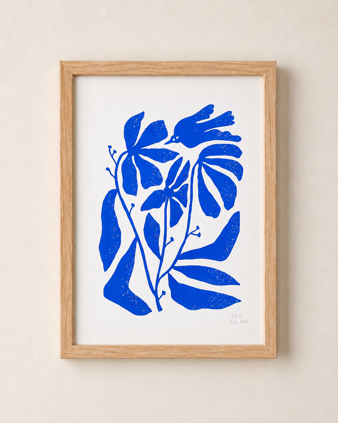 Serigrafía ave y flores azul