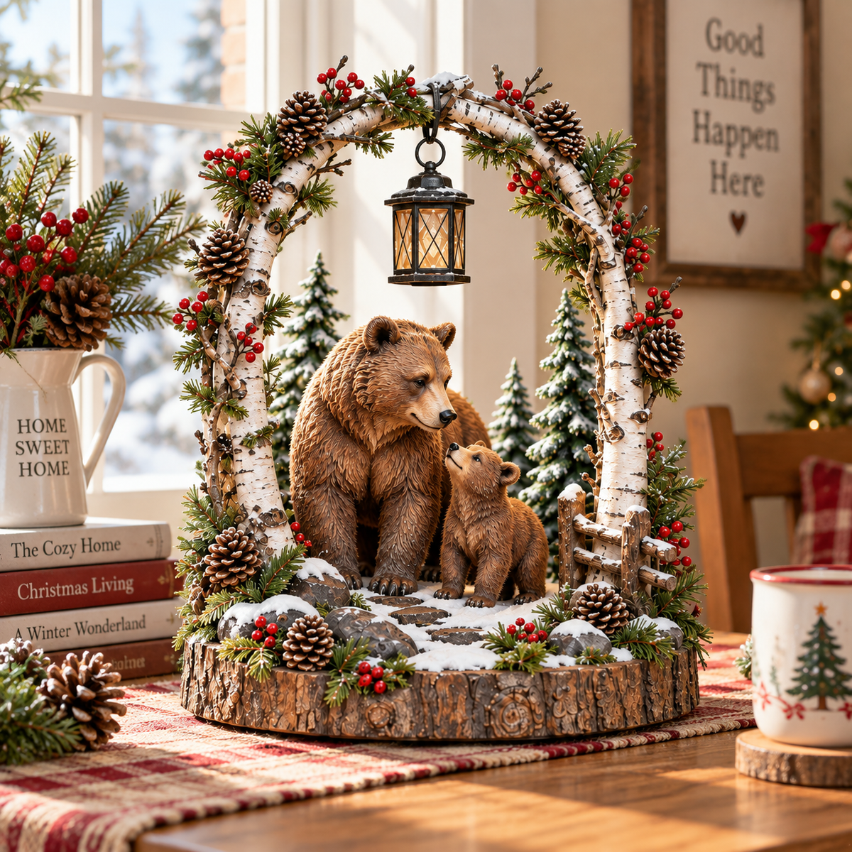 🐻Woodland Bear Family Lantern – Lighted Christmas Forest Tabletop Decor 🎄
