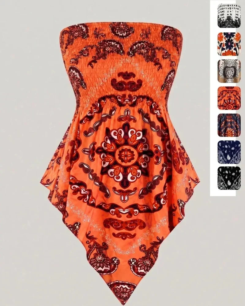 Boho Ethnic Print Tube Top Asym Hem