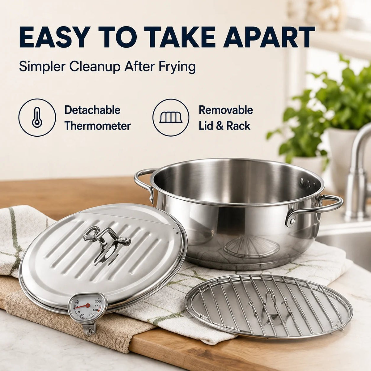 🍗 Free Shopping 🏆 304 Stainless Steel Stovetop Deep Fryer Pot – With Thermometer 🍟