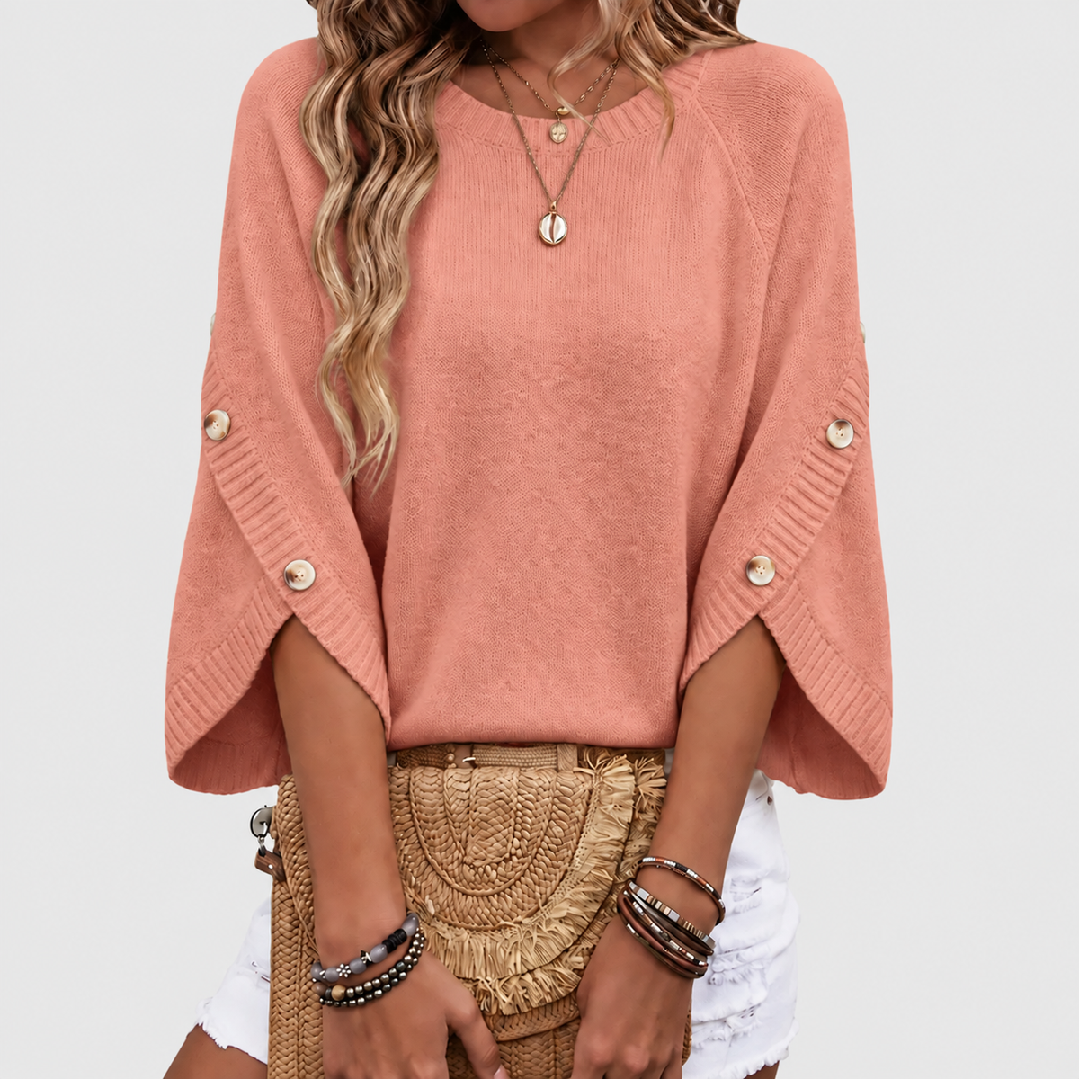 Women's 3/4 Sleeve Oversized Crewneck Knit Sweater with Button Sleeve
