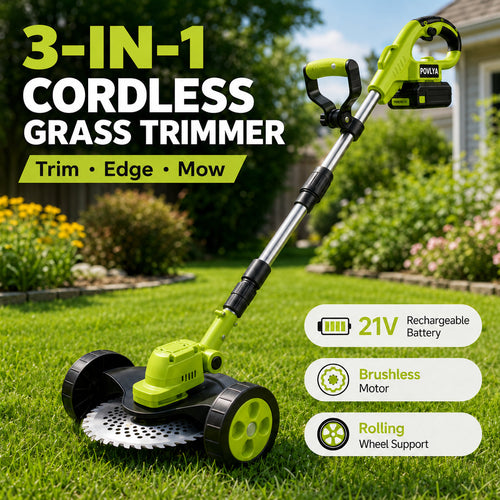 3-in-1 Cordless Lawn Mower with 2×21V Batteries, German Quality Lightweight Grass Trimmer & Edger for Small to Medium Gardens