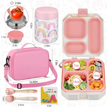 Kids Bento Lunch Box Set – 5-Compartment Leak-Proof Food Container with 12oz Insulated Food Jar & Lunch Bag, Portable School Meal Set for Boys & Girls