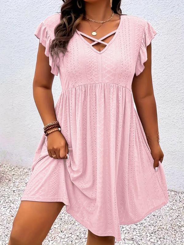 [Plus Size] Solid Color Hollow Out Vneck Dress