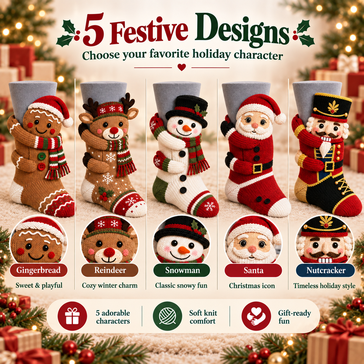 🎄 3D Hugging Christmas Character Socks – Cozy Knit Holiday Gift Socks