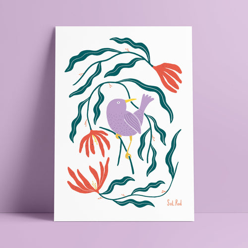 Print 06 "Ave lila flores rojas"