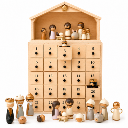 🔥100% Hand-Carved from Solid Wood – 24-Day Christmas Countdown with Nativity Figures