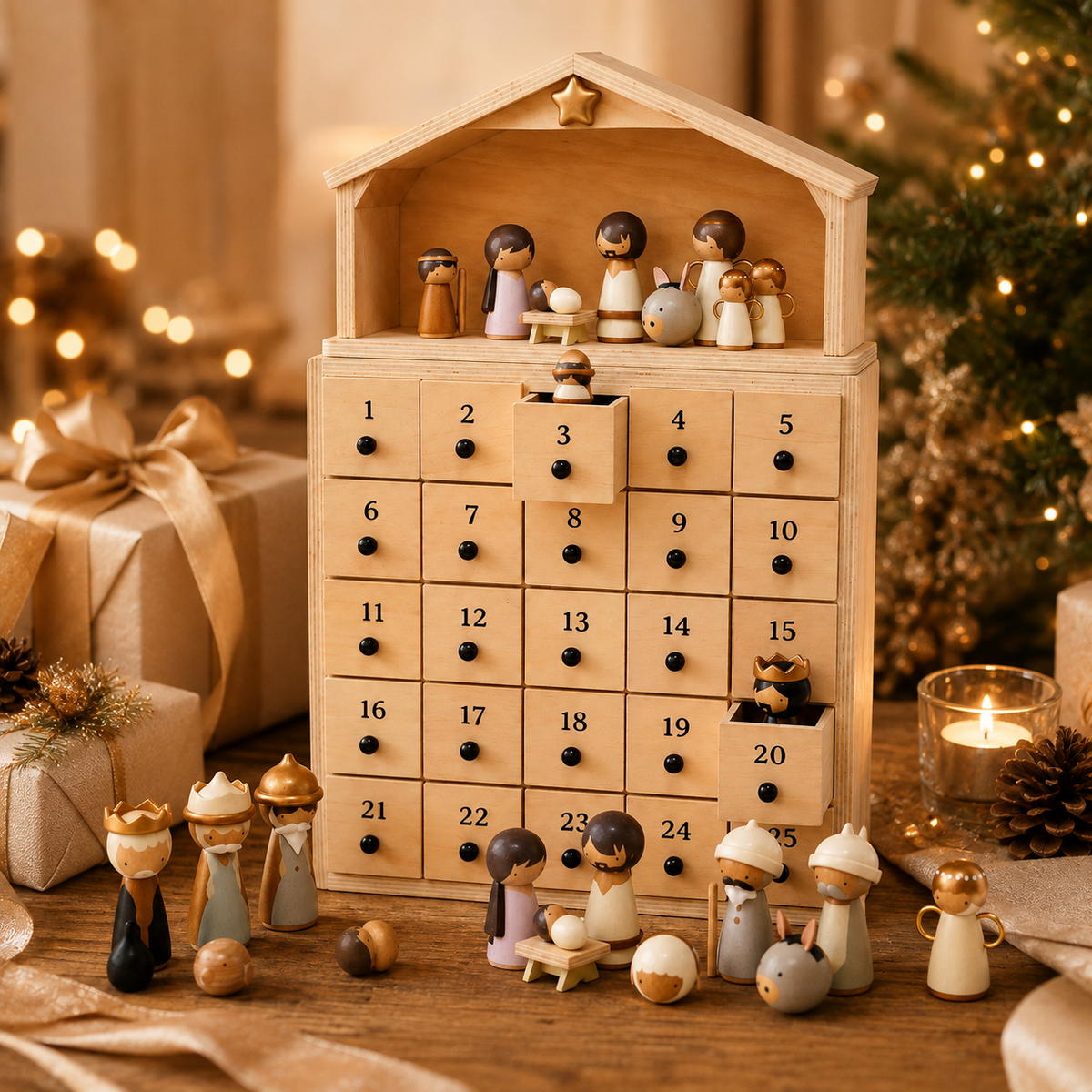🔥100% Hand-Carved from Solid Wood – 24-Day Christmas Countdown with Nativity Figures