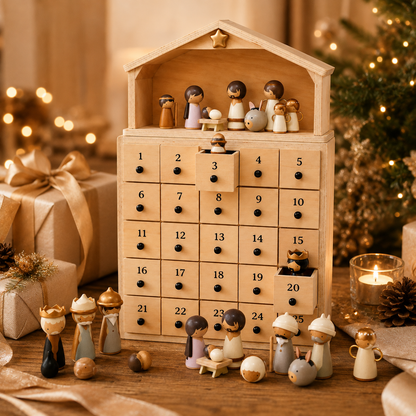 🔥100% Hand-Carved from Solid Wood – 24-Day Christmas Countdown with Nativity Figures