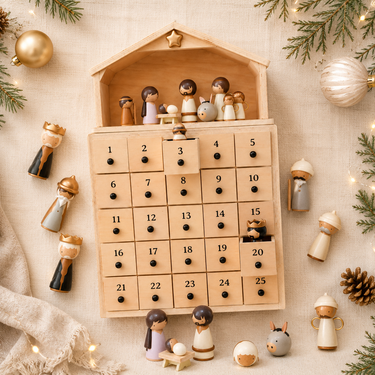 🔥100% Hand-Carved from Solid Wood – 24-Day Christmas Countdown with Nativity Figures
