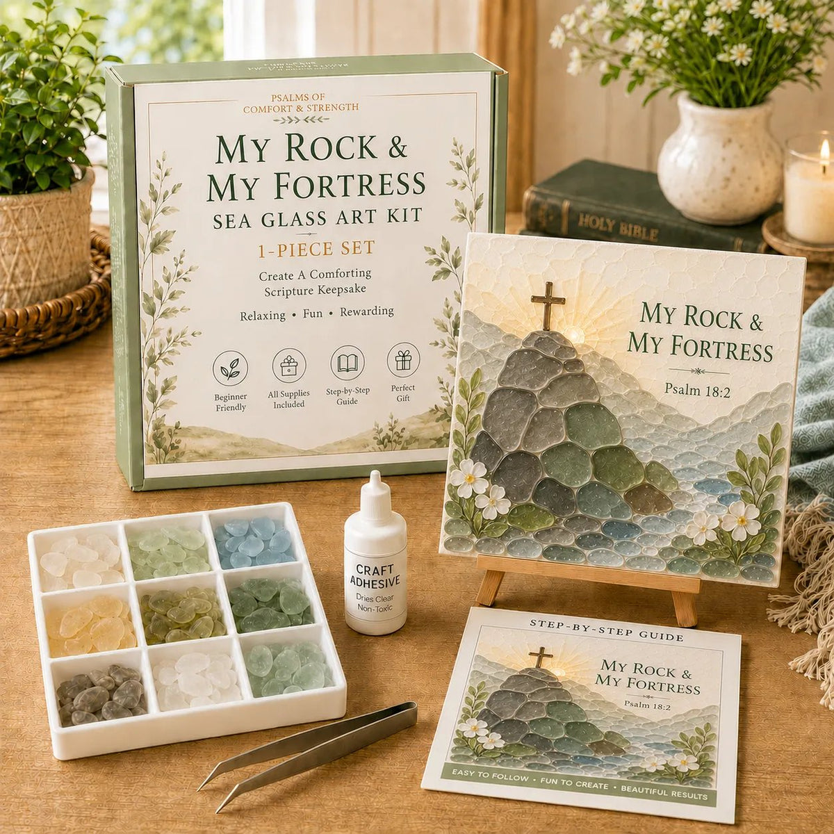 ✨Genuine Sea Glass Treasures✝️Psalms of Comfort & Strength Sea Glass Art Kit-🌊Shaped by Sea Nature & Crafted by Hand
