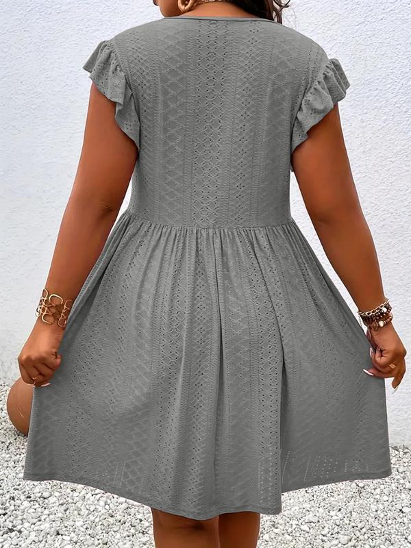 [Plus Size] Solid Color Hollow Out Vneck Dress
