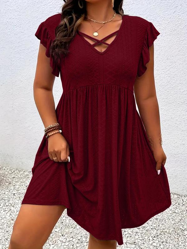 [Plus Size] Solid Color Hollow Out Vneck Dress