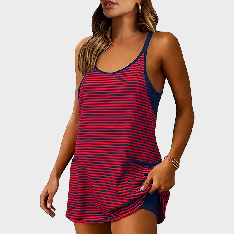 Women's Summer U Neck Sleeveless Striped Mini Dress with Built-in Shorts