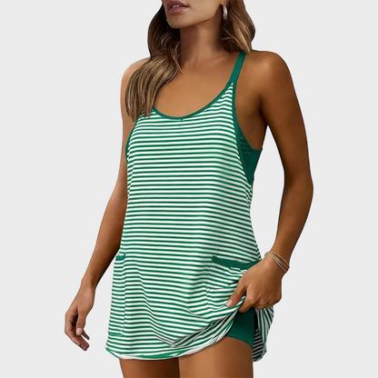 Women's Summer U Neck Sleeveless Striped Mini Dress with Built-in Shorts