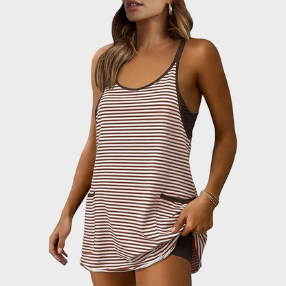 Women's Summer U Neck Sleeveless Striped Mini Dress with Built-in Shorts