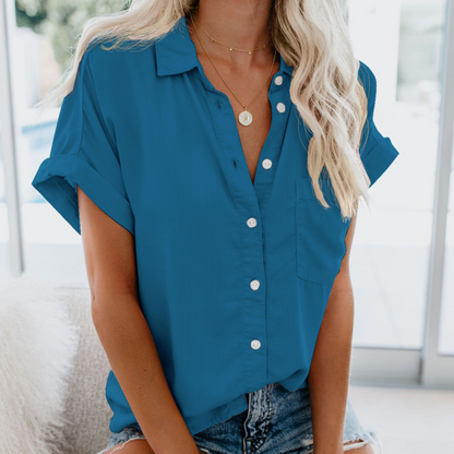 Women's Short Sleeve V Neck Blouse Collared Button Down Casual Work Top
