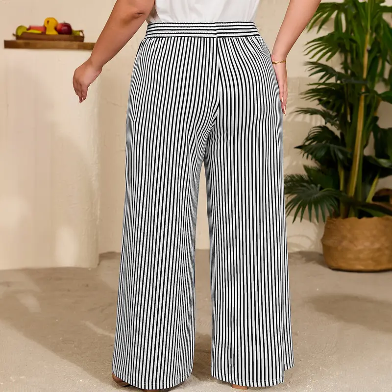 Women's Plus Size Elastic High Waist Wide Leg Pants Striped Casual