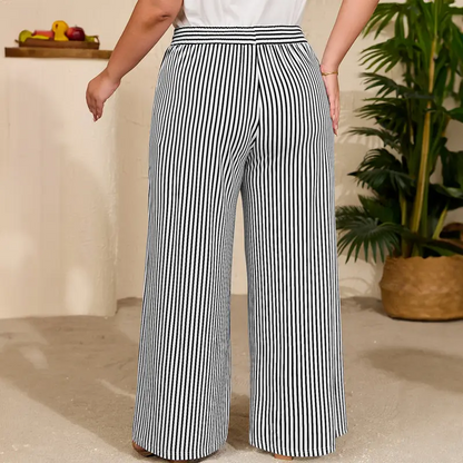 Women's Plus Size Elastic High Waist Wide Leg Pants Striped Casual