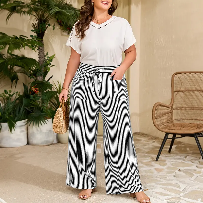 Women's Plus Size Elastic High Waist Wide Leg Pants Striped Casual