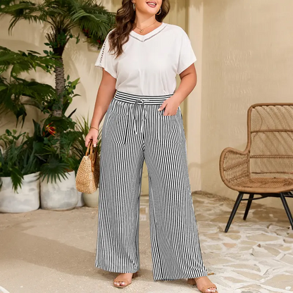 Women's Plus Size Elastic High Waist Wide Leg Pants Striped Casual
