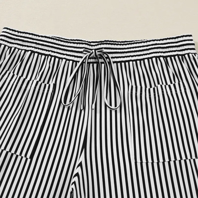 Women's Plus Size Elastic High Waist Wide Leg Pants Striped Casual