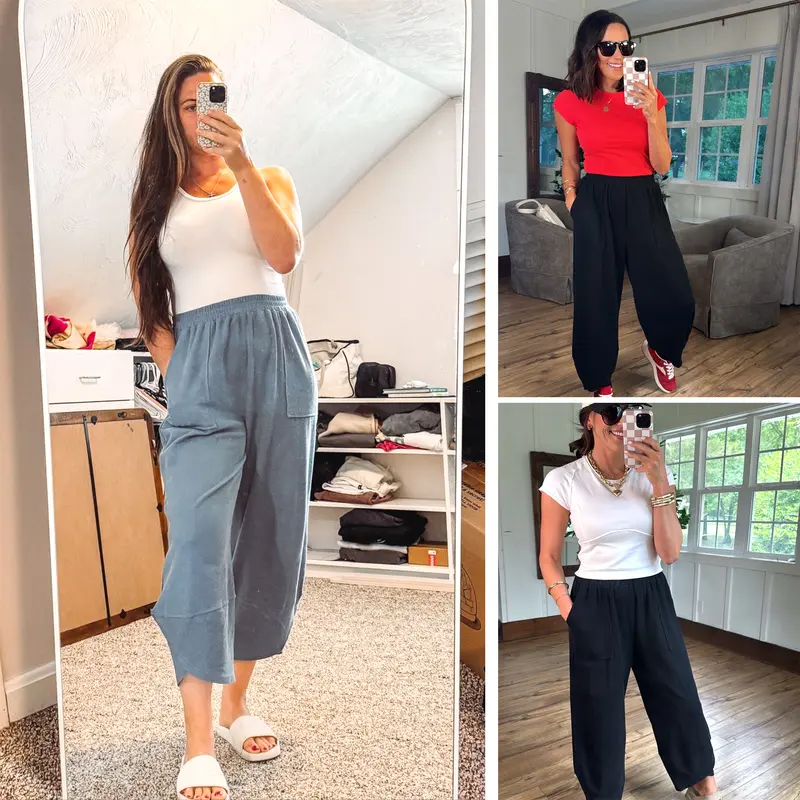 Womens Baggy Wide Leg Pants Casual Elastic Waisted Palazzo Harem Pants with Pockets
