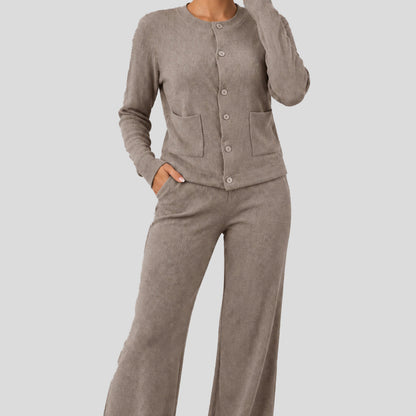 Women's Casual Knit Sweater Set Round Neck Wide Leg Pants