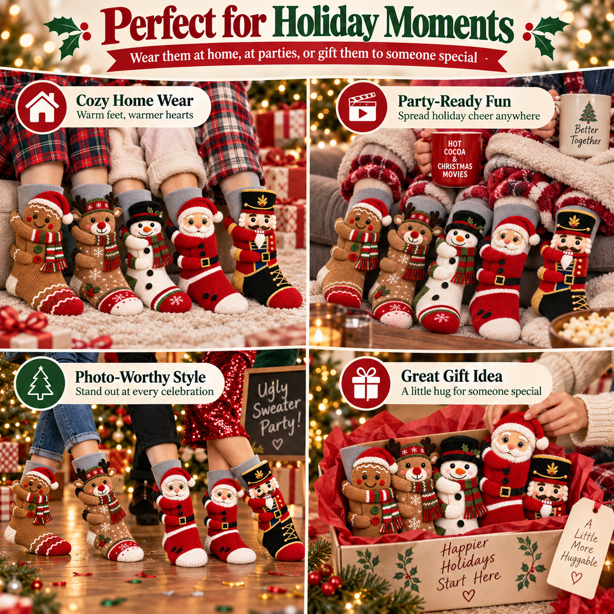 🎄 3D Hugging Christmas Character Socks – Cozy Knit Holiday Gift Socks