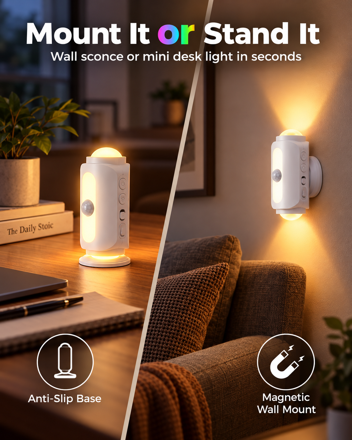 Smart Motion Sensor Wall Light – Rechargeable RGB & Warm Light