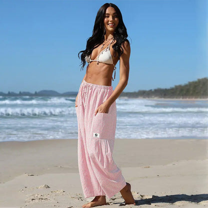 Womens Wide Leg Gingham Striped Plaid Pants