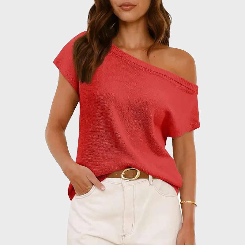 Women's Off Shoulder Knit Top Short Sleeve Soft Lightweight Summer