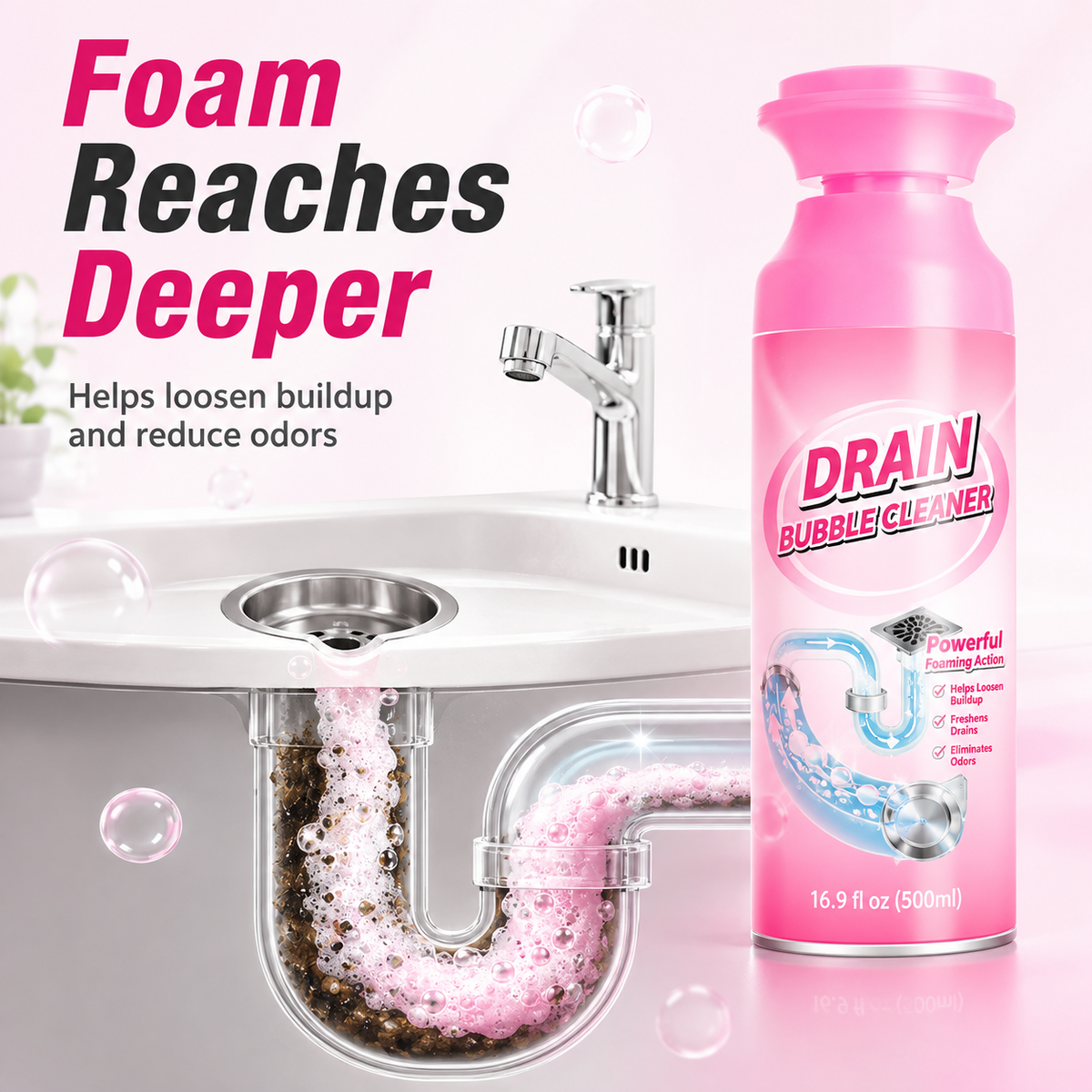 🫧 Foaming Pipe Cleaner & Drain Deodorizer – 360° Expanding Sink Foam ✨