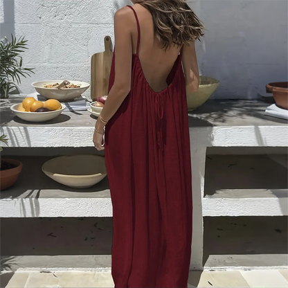 Solid Color Shirred Backless Spaghetti Strap Maxi Dress