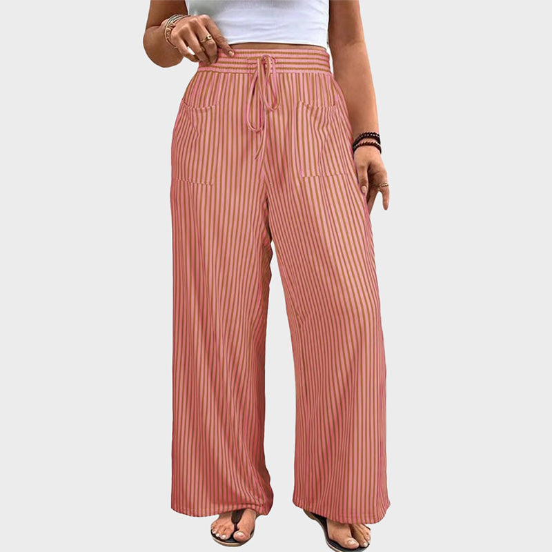 Women's Plus Size Elastic High Waist Wide Leg Pants Striped Casual