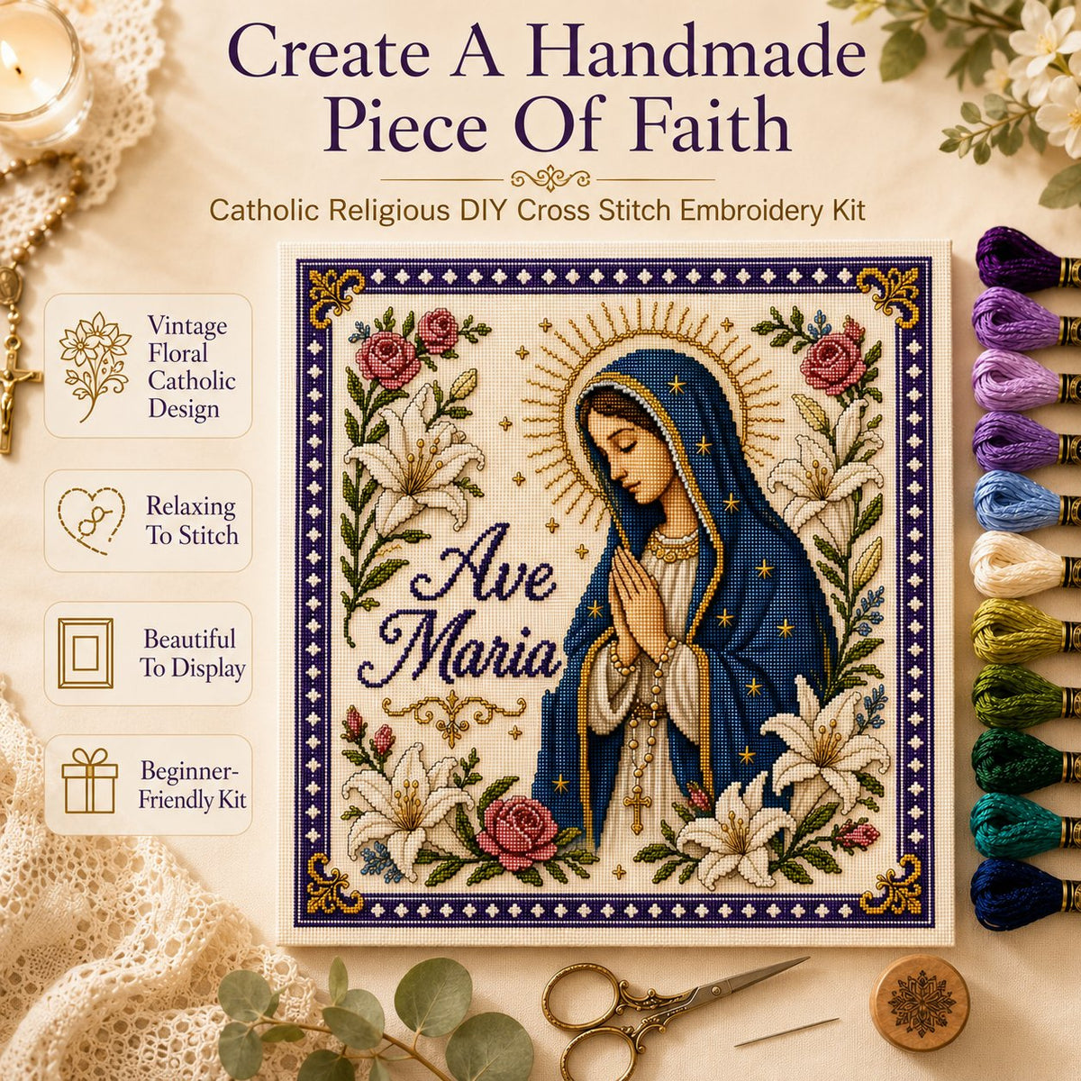 ✝️ Catholic Religious Cross Stitch Embroidery Kit | Vintage Floral Faith Wall Decor with Sacred Catholic Icon Designs 🌹🧵