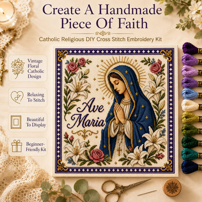 ✝️ Catholic Religious Cross Stitch Embroidery Kit | Vintage Floral Faith Wall Decor with Sacred Catholic Icon Designs 🌹🧵