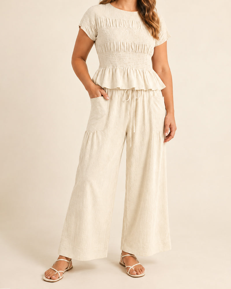 Women's 2 Piece Boho Set Smocked Top Wide Leg Pants