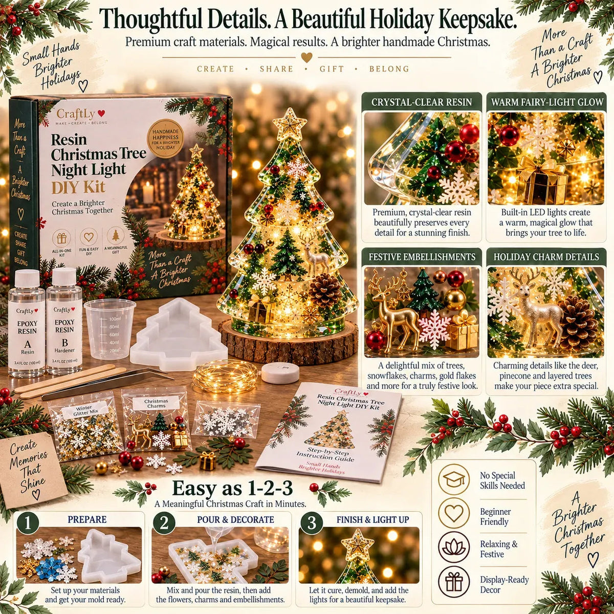 🎄 ✨ Last Day 70% OFF –Beginner-Friendly Resin Christmas Tree Night Light DIY Kit | Complete Kit with Mold, Resin, Fairy Lights & Festive Decorations ✨