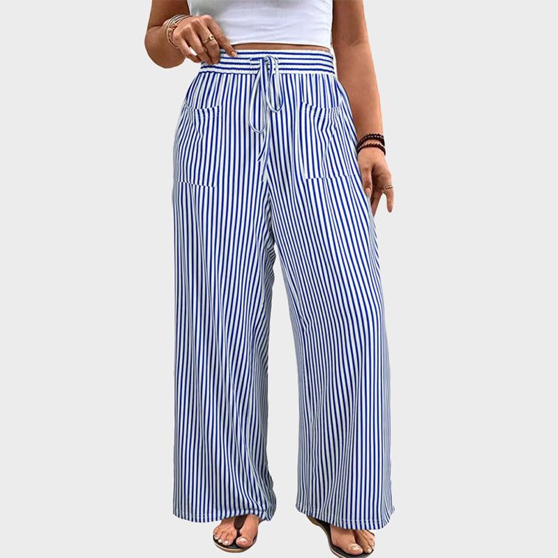 Women's Plus Size Elastic High Waist Wide Leg Pants Striped Casual
