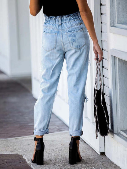 Elastic Waist Torn Straight Jeans
