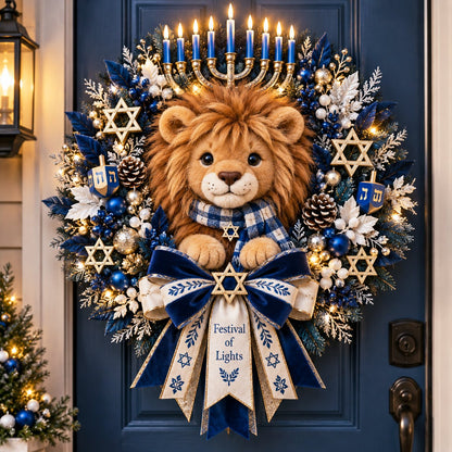 🦁✨ Lion of Judah Hanukkah Lighted Wreath - A Warm & Meaningful Welcome for the Festival of Lights🎁