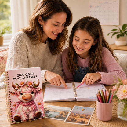 🔥 PLAN AHEAD & SAVE! — 2027–2030 Highland Cow Monthly Planner 🐮📅 | 4-Year Spiral Calendar