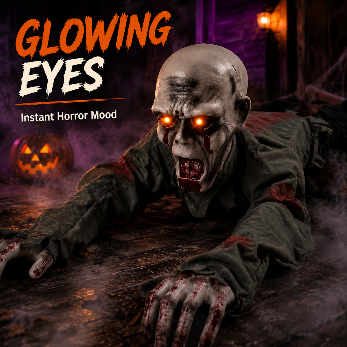🧟 Animated Crawling Zombie Prop  – Sound-Activated Scare With Red Eyes 🎃