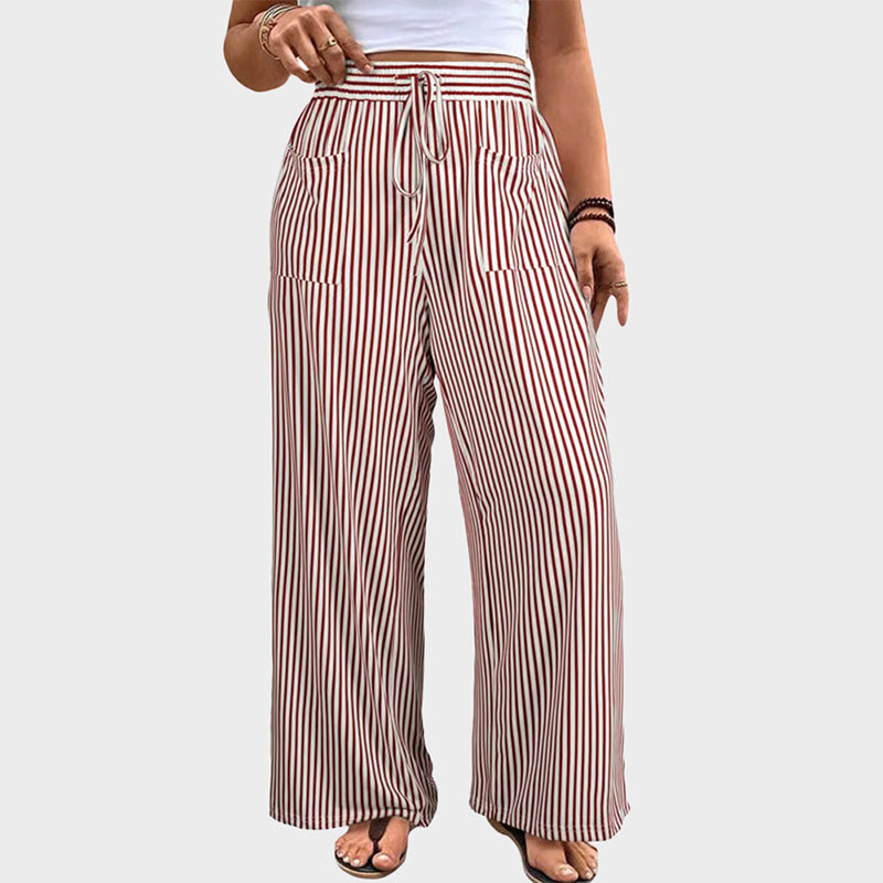 Women's Plus Size Elastic High Waist Wide Leg Pants Striped Casual