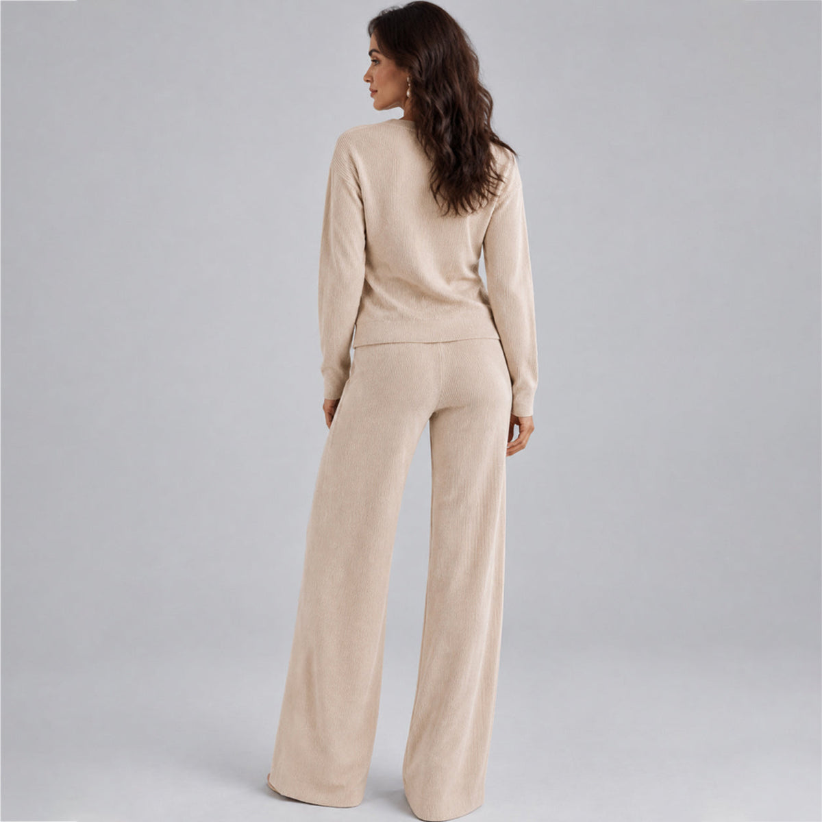 Women's Casual Knit Sweater Set Round Neck Wide Leg Pants