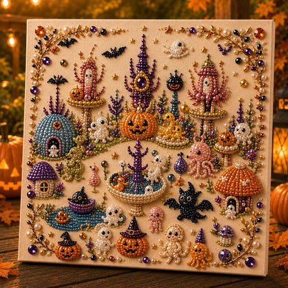 🎃👻 Premium 3D Pearl Halloween Wall Art Kit | Luxury Flocked Canvas with Scratch-Resistant Non-Fading Pearl Beads DIY Spooky Decor 📦✨
