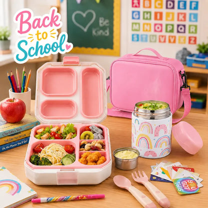 Kids Bento Lunch Box Set – 5-Compartment Leak-Proof Food Container with 12oz Insulated Food Jar & Lunch Bag, Portable School Meal Set for Boys & Girls