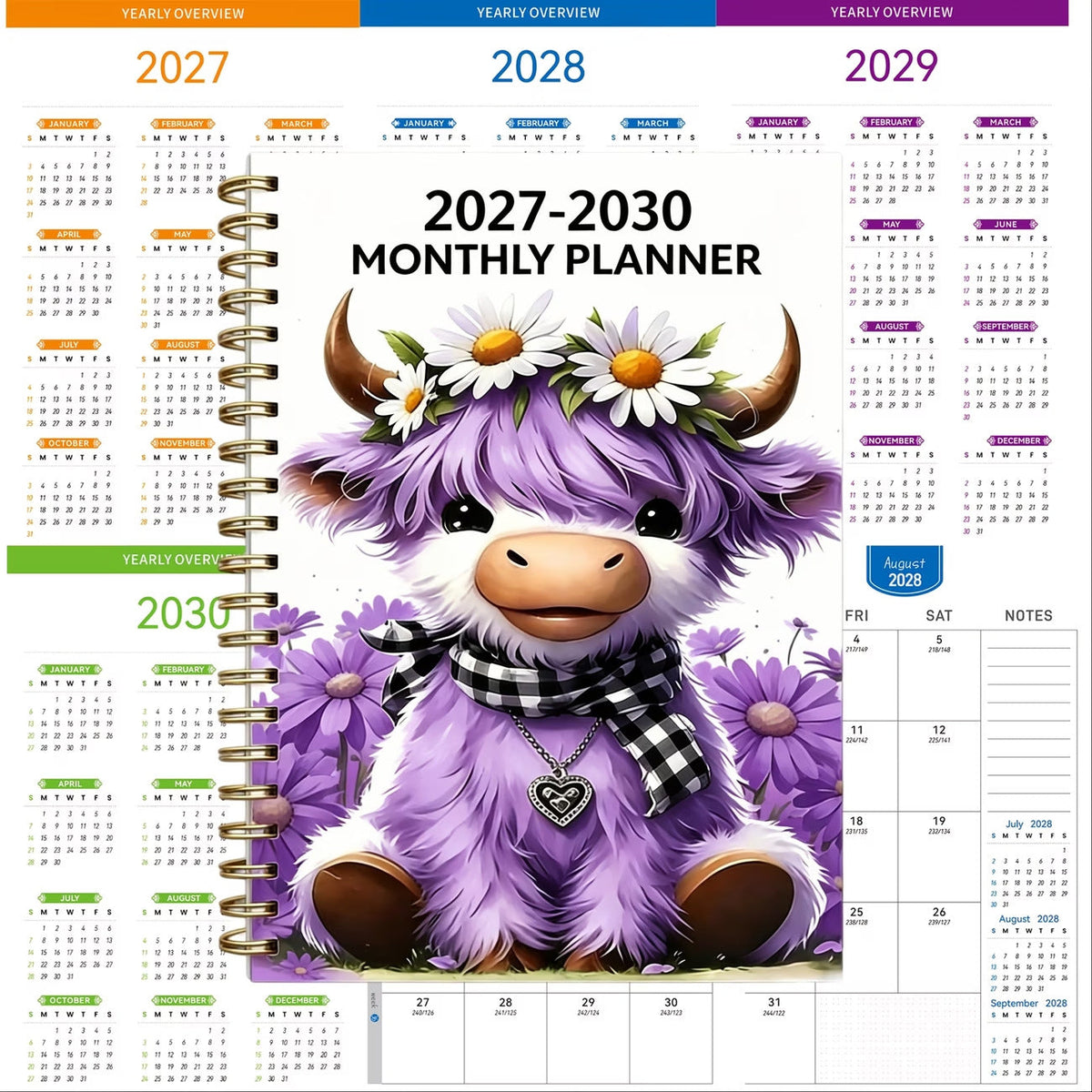 🔥 PLAN AHEAD & SAVE! — 2027–2030 Highland Cow Monthly Planner 🐮📅 | 4-Year Spiral Calendar